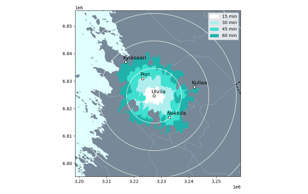 Example of an isochrone map, the city of Ulvila as the center point.