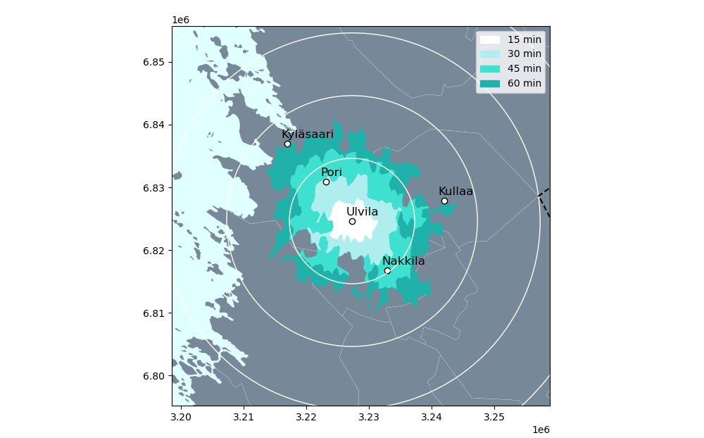Ulvila Isokroni Isokroni-karttakuva, Ulvilan kaupunki keskipisteenä.